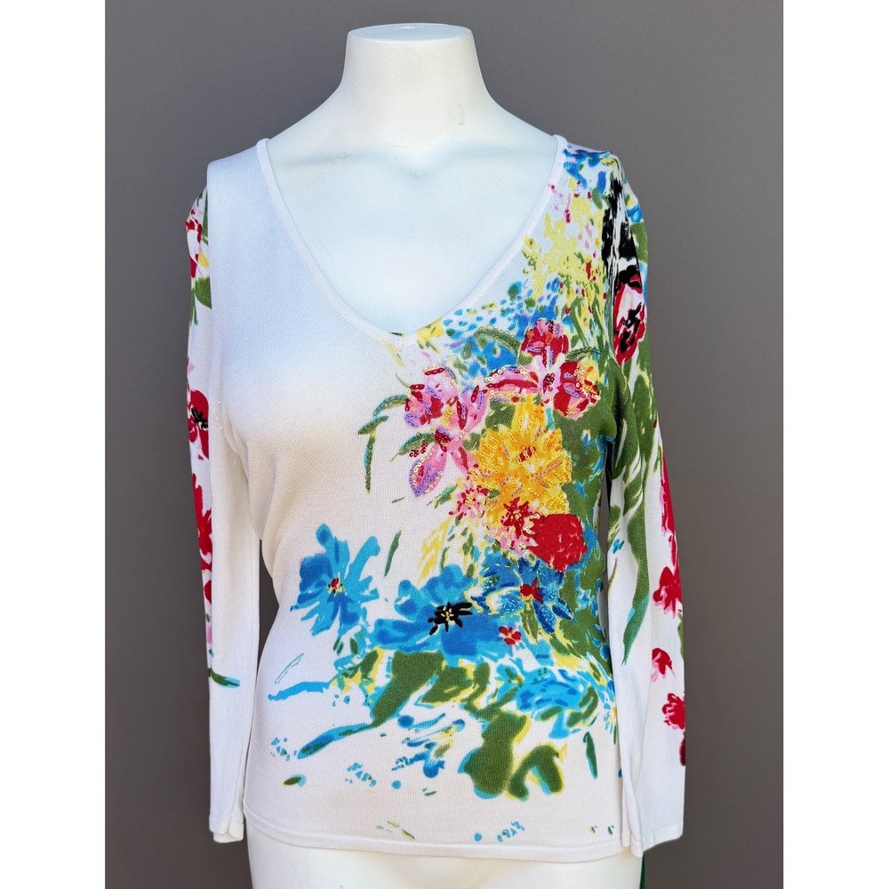 My Favorite Things Colleen Lopez Floral Sweater Top Small White Sequin Bead - Picture 14 of 14